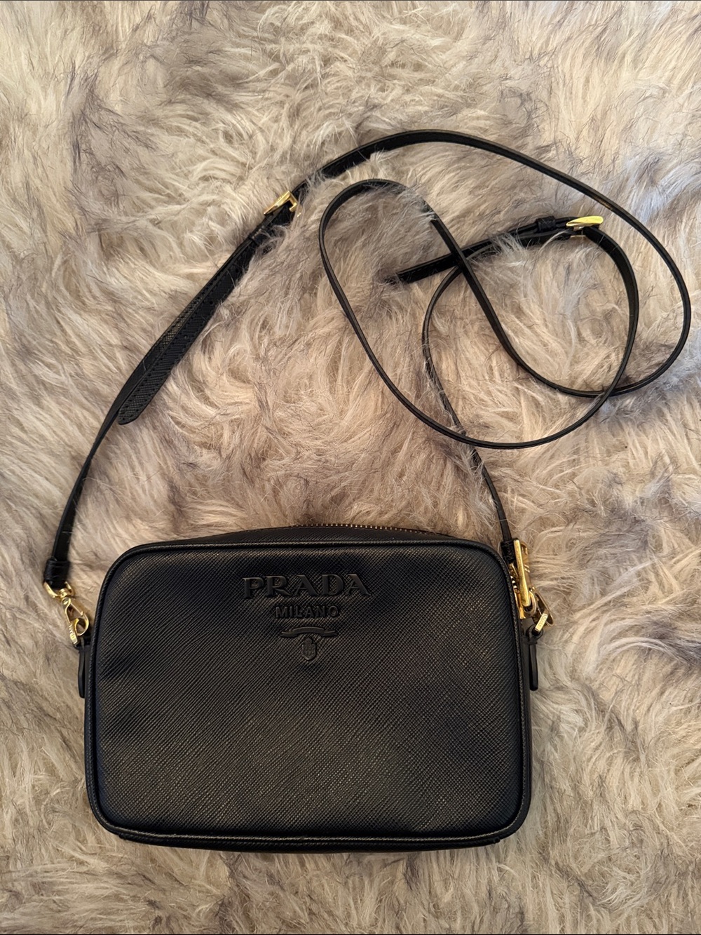 Prada Black Saffiano Leather Camera Crossbody with Gold Hardware